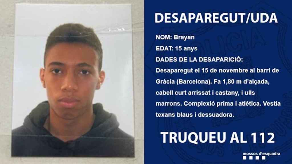 Aviso policial de la desaparición de  Brayan, el menor visto por última vez en la Vila de Gràcia / MOSSOS D'ESQUADRA