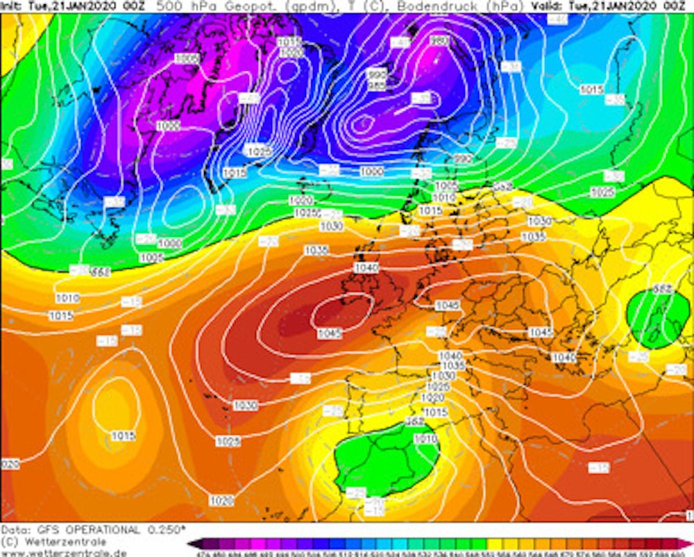 Mapa geopotencial 500hpa Gloria / WETTERZENTRALE