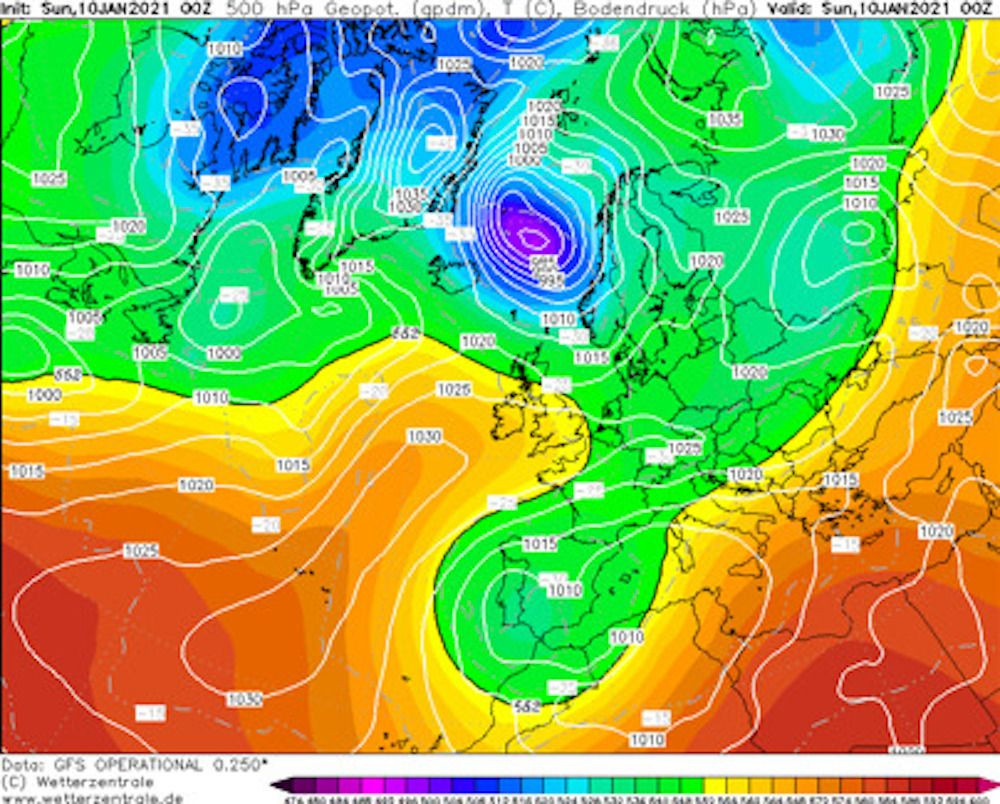 Mapa geopotencial 500hpa Filomena / WETTERZENTRALE