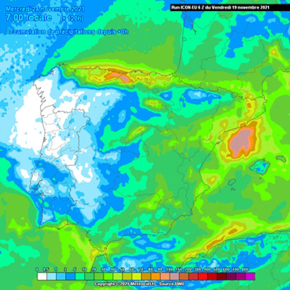 Mapa de precipitación acumulada hasta el miércoles 24 / METEOCIEL