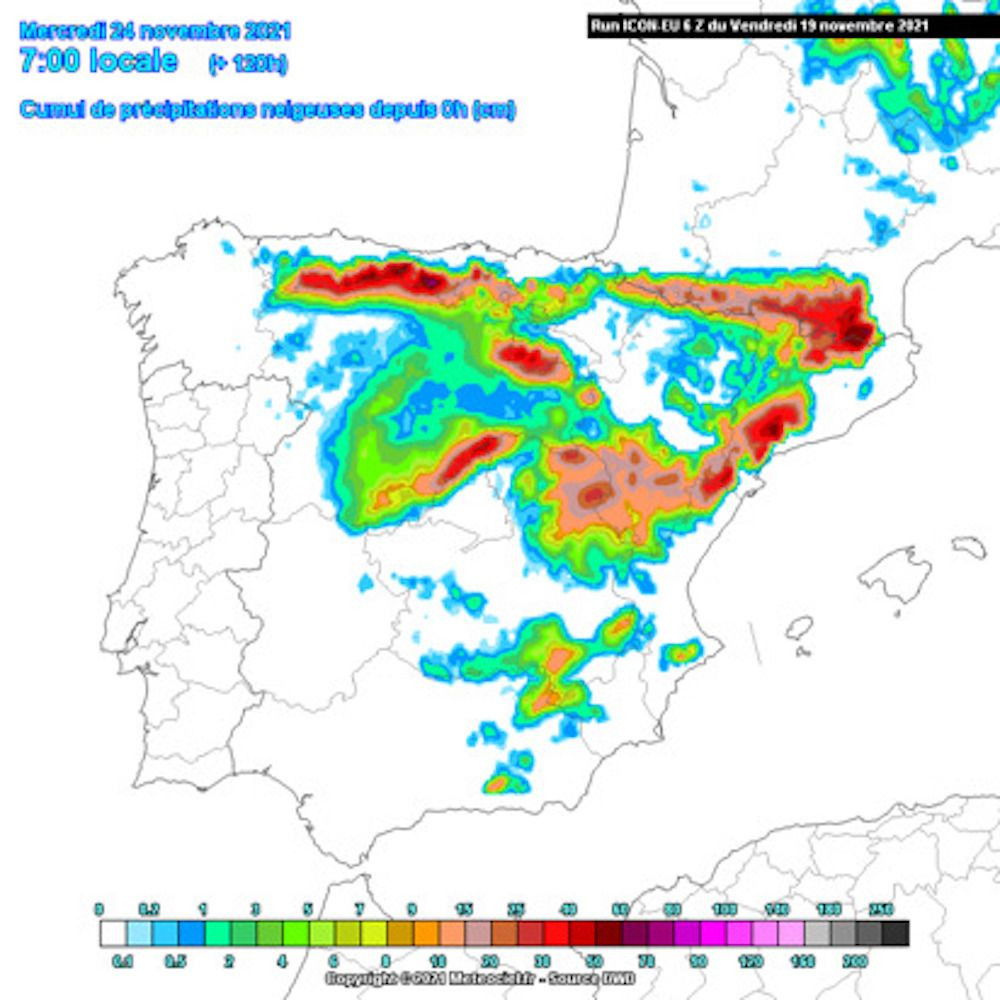 Mapa acumulación de nieve hasta el miércoles 24 / METEOCIEL