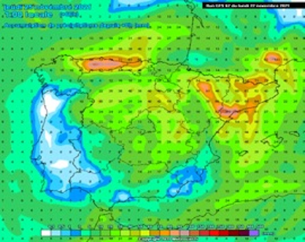 Mapa de la previsión de acumulación de lluvia hasta el jueves 25 / METEOCIEL