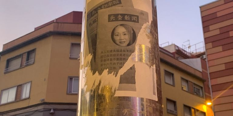 Un cartel con la imagen de una joven asiática y letras chinas en el barrio de Fondo / METRÓPOLI