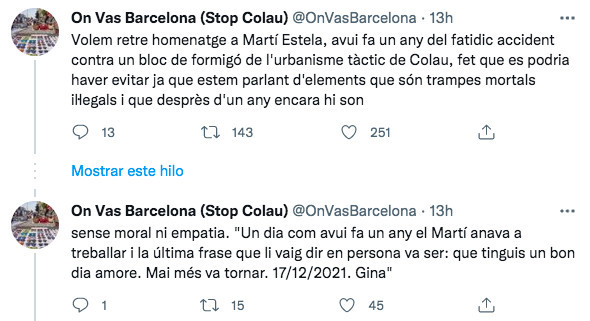 Tuits de On Vas Barcelona (Stop Colau) sobre el accidente de Martí Estela