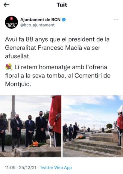 Tuit sobre el fusilamiento de  Macià / TWITTER AYUNTAMIENTO DE BCN