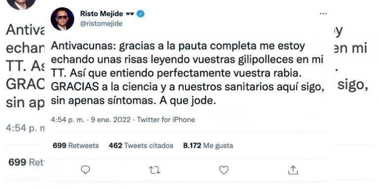 Tuit de Risto Mejide contra los antivacunas / RRSS