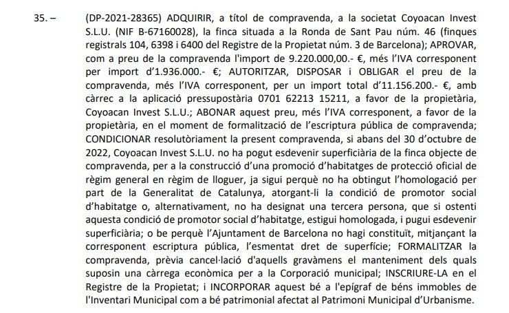 El texto de la compra del gimnasio Sant Pau / AYUNTAMIENTO DE BARCELONA