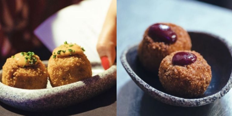 Croquetas de calçots y croquetas de gorgonzola y frutos rojos en Catacroquet / CATACROQUET