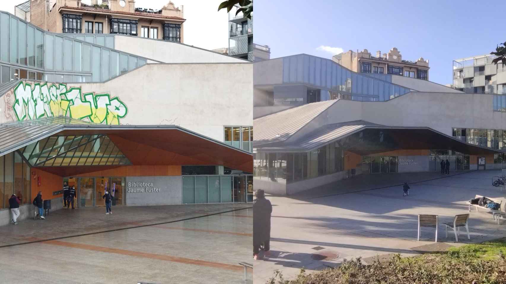 La entrada de la biblioteca Jaume Fuster, antes con una gran pintada, y ahora sin ella / METRÓPOLI