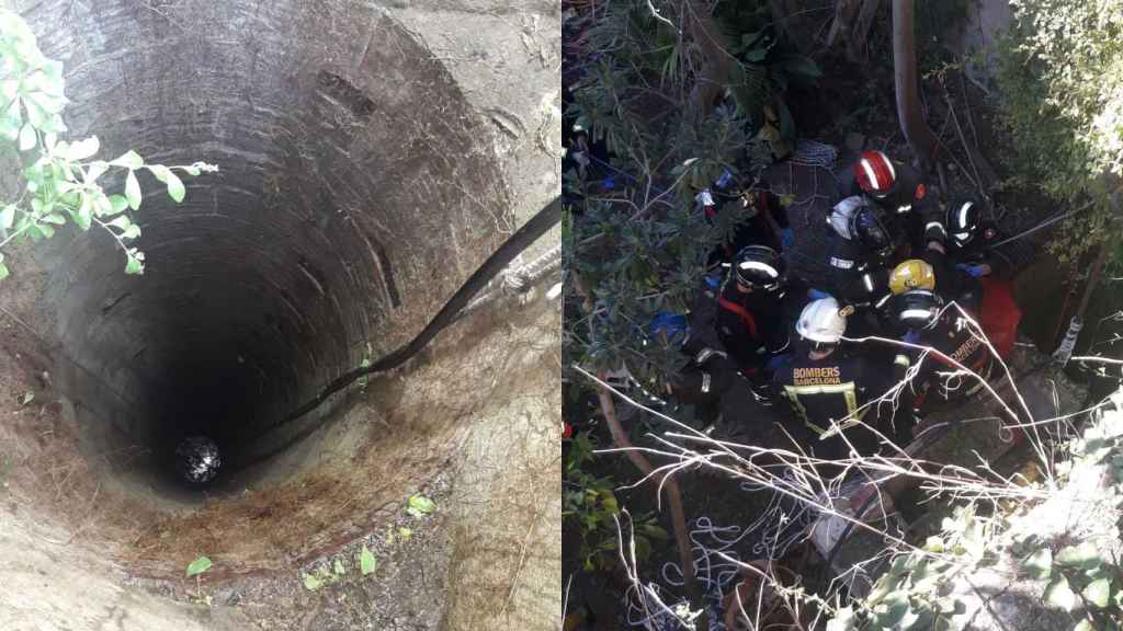 Fotomontaje con el pozo y el rescate efectuado por los bomberos / TWITTER BOMBERS BCN