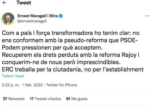 Tuit de Ernest Maragall, líder de ERC en el Ayuntamiento, sobre la reforma laboral / TWITTER ERNEST MARAGALL