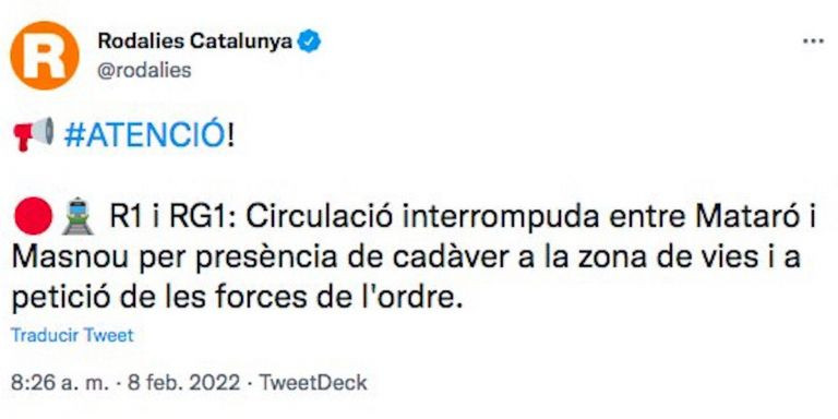 Rodalies ha avisado en redes sociales de la interrupción del servicio en la R1 por el hallazgo de un cadáver / TWITTER