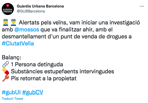 Tuit de la Guardia Urbana sobre el operativo policial en el Raval / TWITTER GUARDIA URBANA