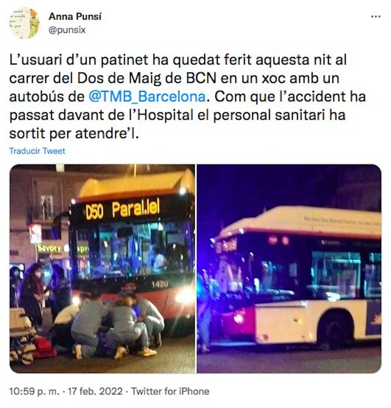 Imágenes del choque entre el patinete y el bus compartidas por Anna Punsí / TWITTER