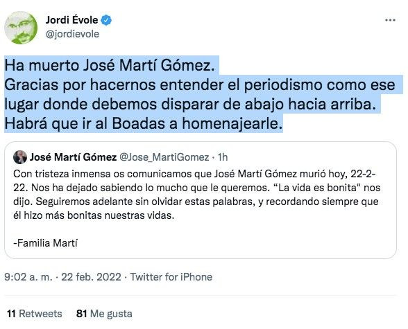 Tuit de Jordi Évole sobre Martí Gómez / TWITTER JORDI ÉVOLE