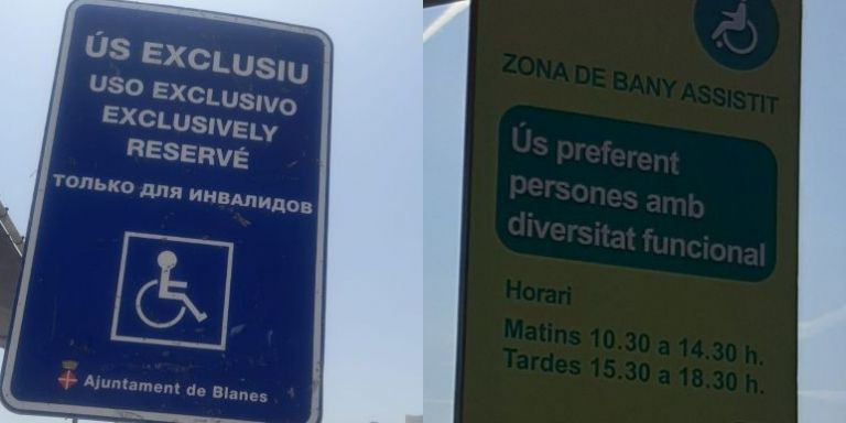 Diferencia entre los carteles para personas con movilidad reducida en Blanes y en Barcelona / CEDIDA 