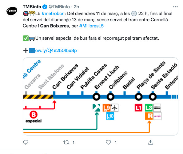 Tuit de TMB sobre las obras en la L5 de este fin de semana / TMB