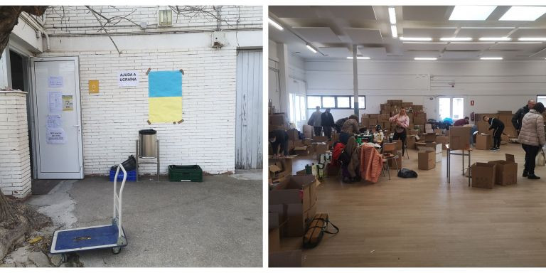 Voluntarios ordenan el material recibido en la escuela ucraniana Mriya de Barcelona / GUILLEM ANDRÉS