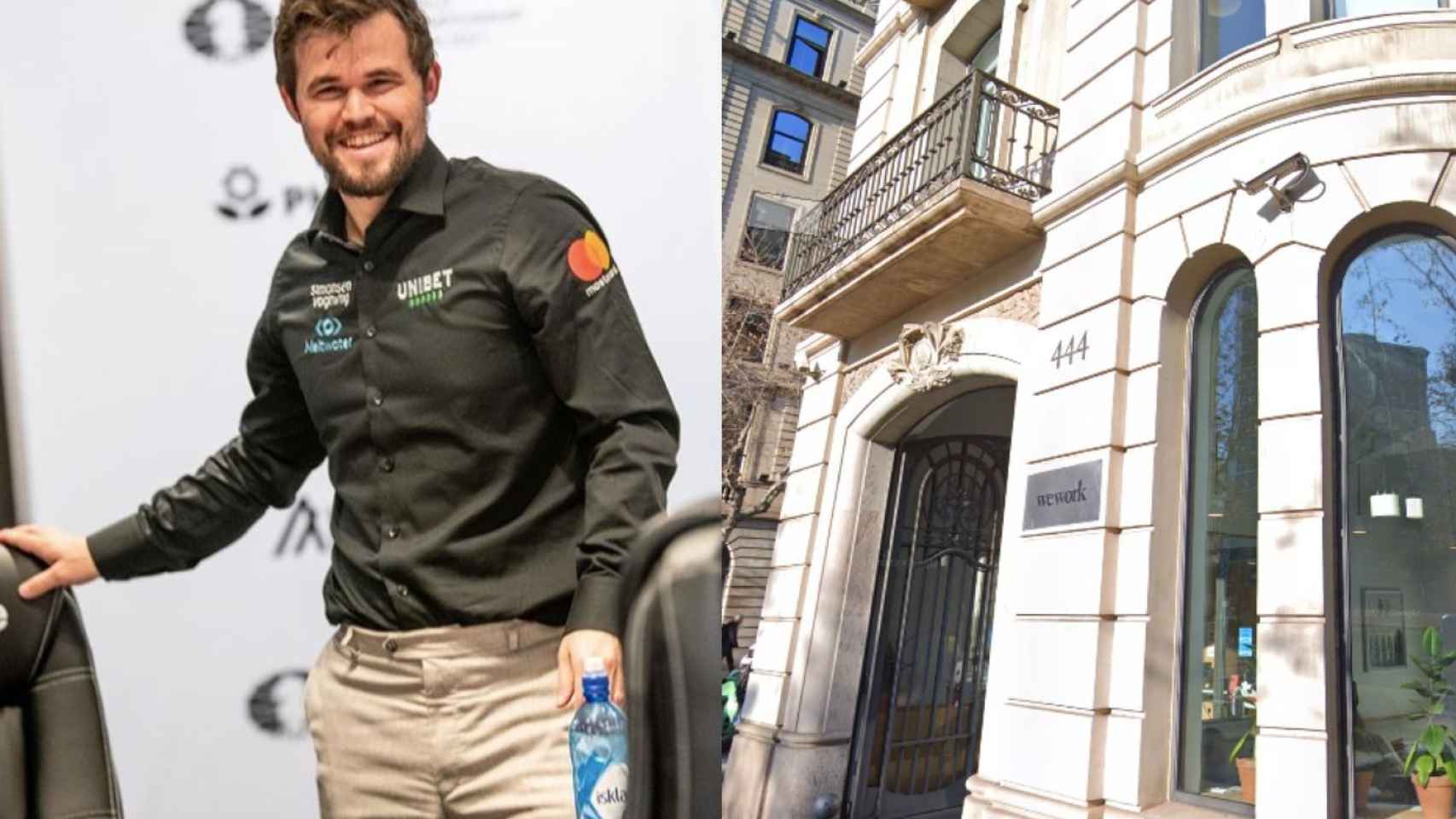 Magnus Carlsen, el campeón del mundo de ajedrez, junto al edificio de 'coworking' donde ha instalado su segunda sede en Barcelona / FOTOMONTAJE METRÓPOLI