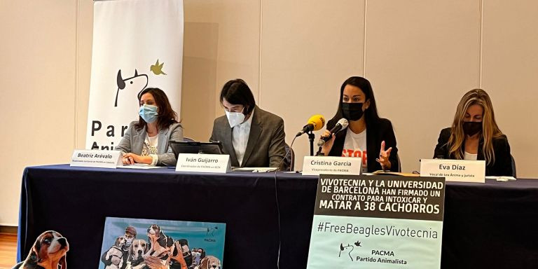 Representantes de PACMA y de Lex Ánima en la rueda de prensa sobre los beagles este miércoles / ÁNGELA VÁZQUEZ