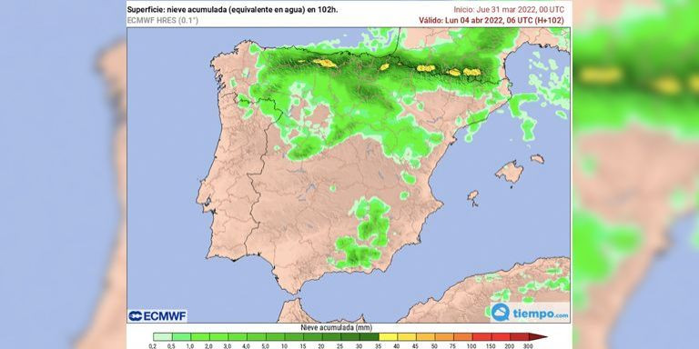 Mapa de acumulación de nieve previsto hasta el lunes 4 de abril / METEORED