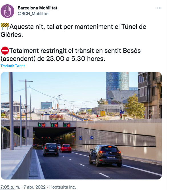 Anuncio del cierre del túnel de Glòries por mantenimiento / TWITTER MOBILITAT