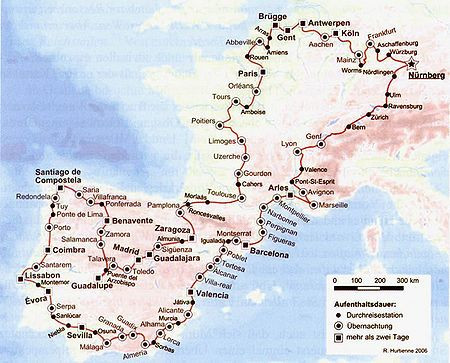 Mapa de la ruta seguida por Hieronymus Münzer