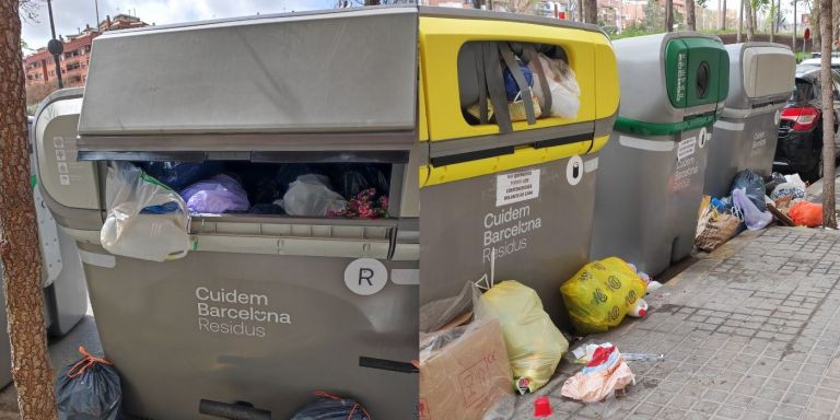 Contenedores de residuos domésticos y de plásticos, con las bocas llenas de basura / RRSS