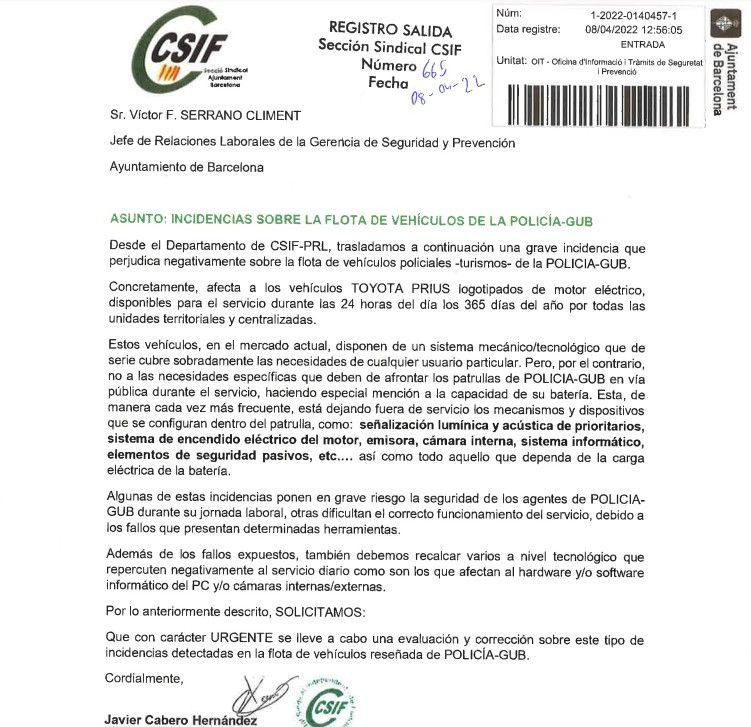 Denuncia de CSIF sobre los coches de la Guardia Urbana / CSIF