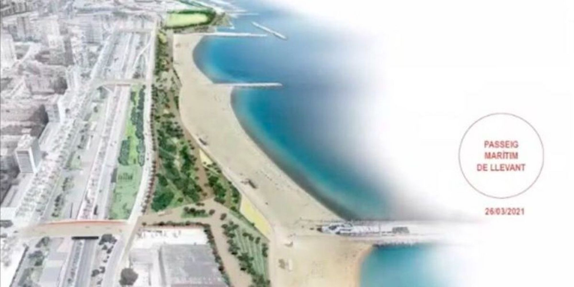 Render del futuro parque en el paseo marítimo de Sant Martí, entre la Mar Bella y el Fòrum / AYUNTAMIENTO DE BARCELONA