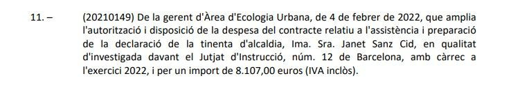 El gasto previsto en abogados para la defensa de Janet Sanz en 2022 / AYUNTAMIENTO DE BARCELONA