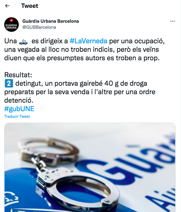 Tuit de la Guardia Urbana sobre los dos okupas detenidos / TWITTER GUARDIA URBANA