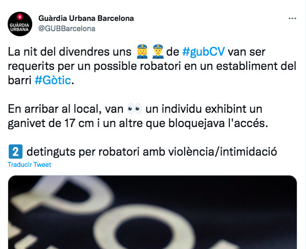 Tuit de la Guardia Urbana sobre el delincuente que exhibía el cuchillo / GUARDIA URBANA