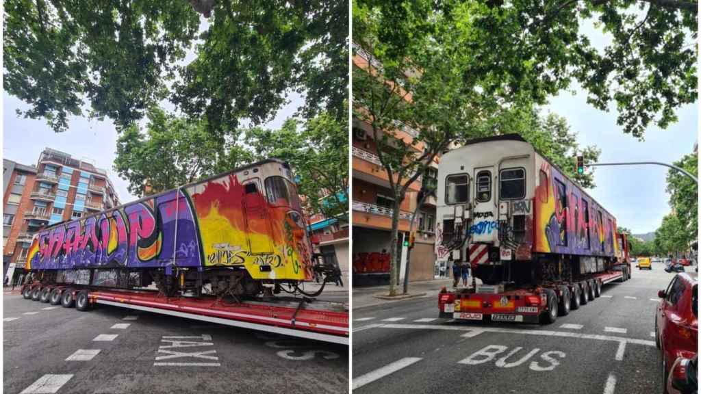 Vagones de metro de Barcelona de los años 70 circulando por Barcelona antes de ser destruidos / TWITTER - @entro_banda