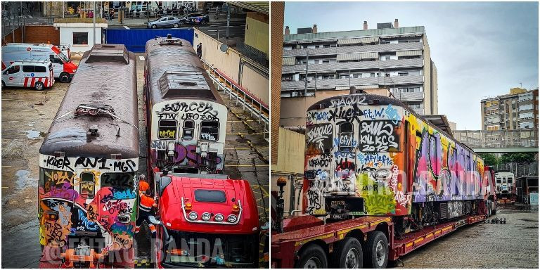 Vagones de metro de Barcelona de los años 70, a punto de ser destruidos / TWITTER - @entro_banda