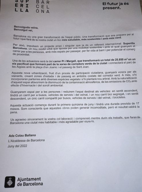 Carta de Colau a los vecinos de Pi i Margall / CEDIDA