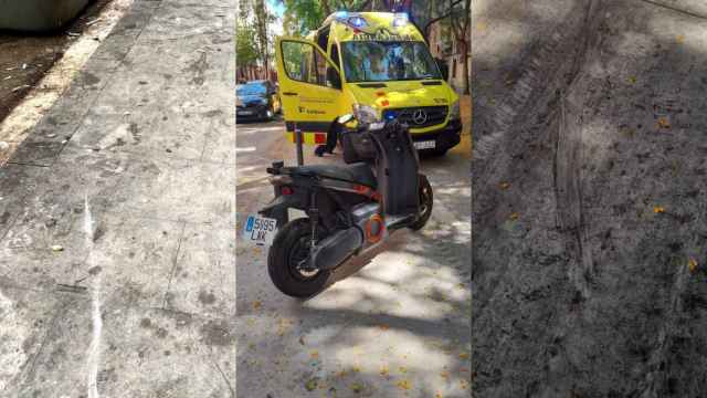 Fotomontaje de las aceras impregnadas de suciedad en diversos sitios de Barcelona y una moto y una ambulancia tras un accidente / METRÓPOLI