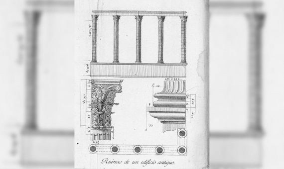 Dibujo de las columnas del templo romano de Barcelona descrito por Ponz