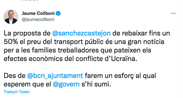 Tuit de Collboni sobre la rebaja del precio del transporte público