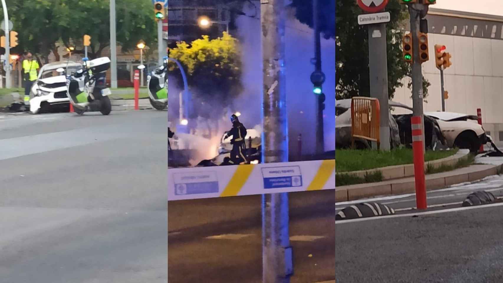 Un coche de alta gama estrellado y ardiendo en llamas en una rotonda de Barcelona / METRÓPOLI