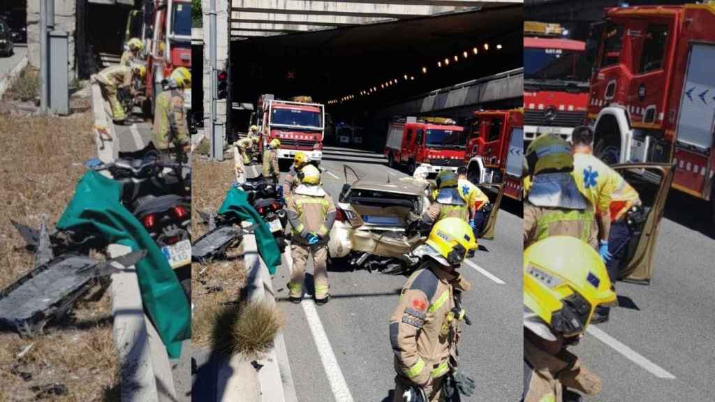 Los bomberos actúan en la Gran Via, donde se ha producido el accidente / BOMBERS