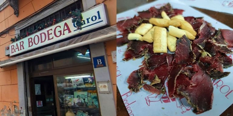 Fotomontaje de la fachada y una tapa de cecina de la bodega Carol / INSTAGRAM