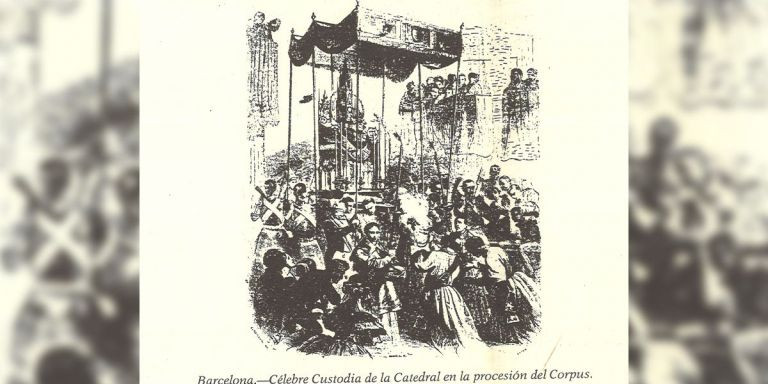 Grabado de la procesion del Corpus en Barcelona realizado por Gustave Doré