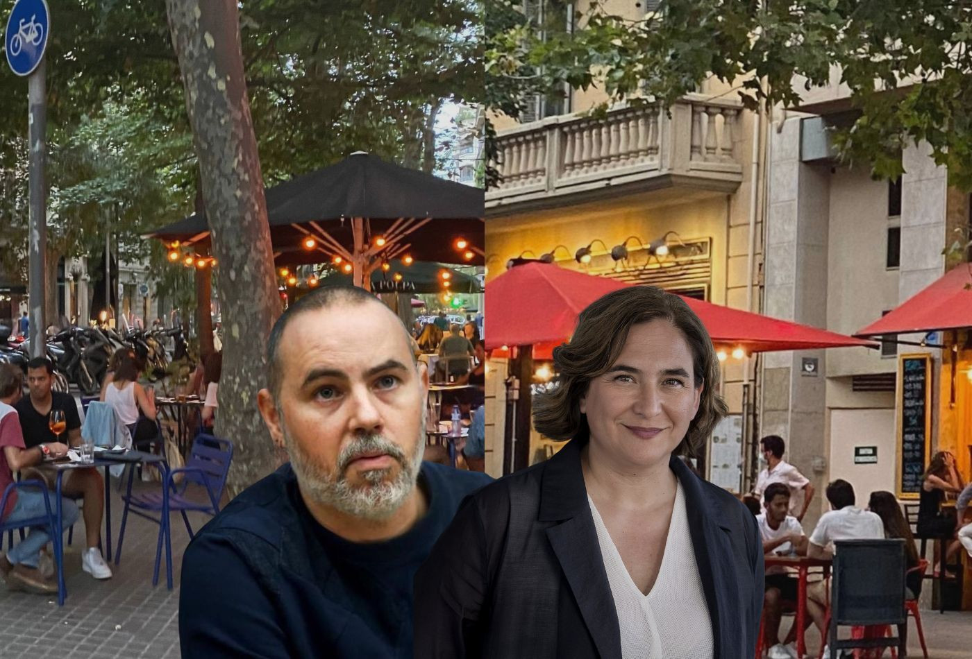 Fotomontaje del exconcejal de Emergencia Climática y Transición Ecológica, Eloi Badia y de la alcaldesa de Barcelona, Ada Colau, con terrazas de la calle de Enric Granados / METRÓPOLI