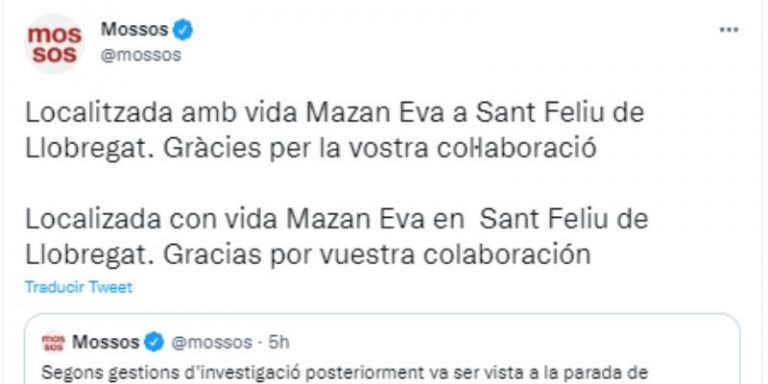 Imagen del tuit en el que los Mossos anuncian que han encontrado a la anciana desaparecida / TWITTER MOSSOS