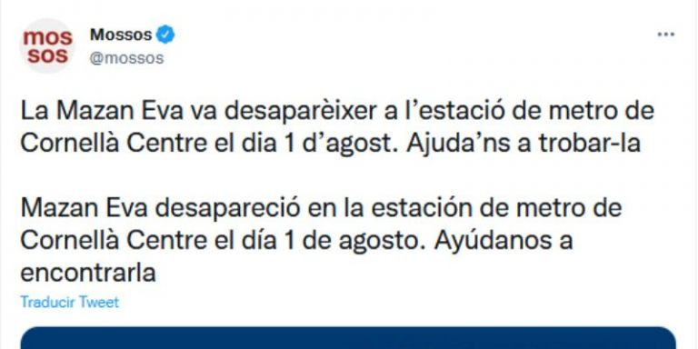 Tuit de los Mossos informando sobre la desaparición de una mujer de 88 años / TWITTER