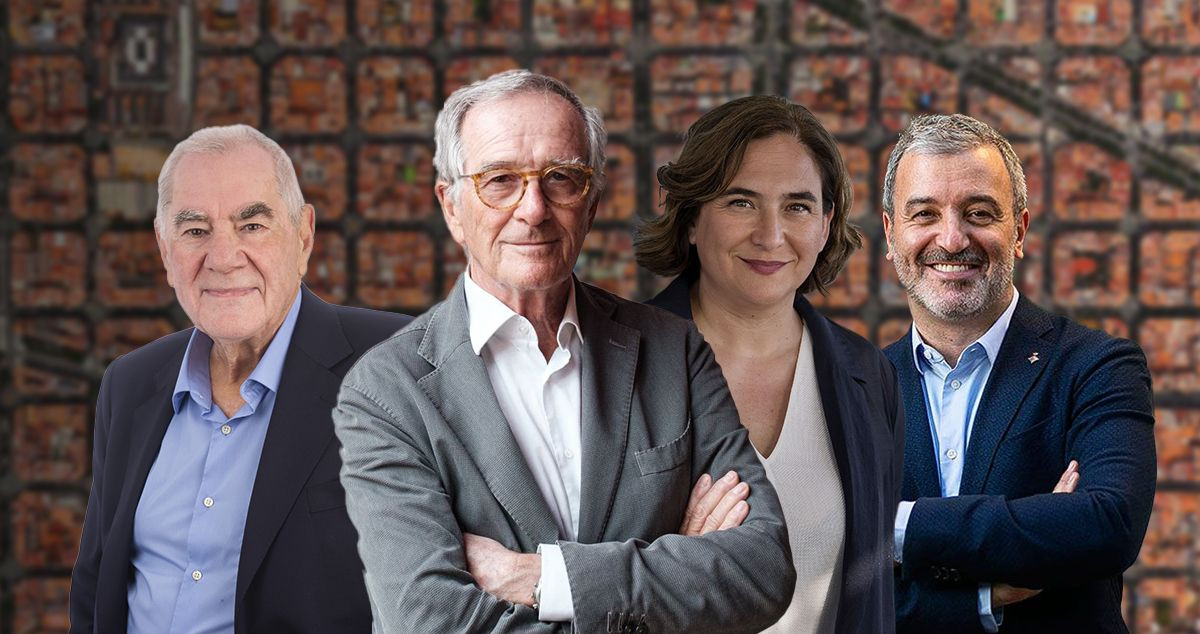 Fotomontaje de Ernest Maragall, Xavier Trias, Ada Colau y Jaume Collboni con el Eixample de Barcelona de fondo - MA