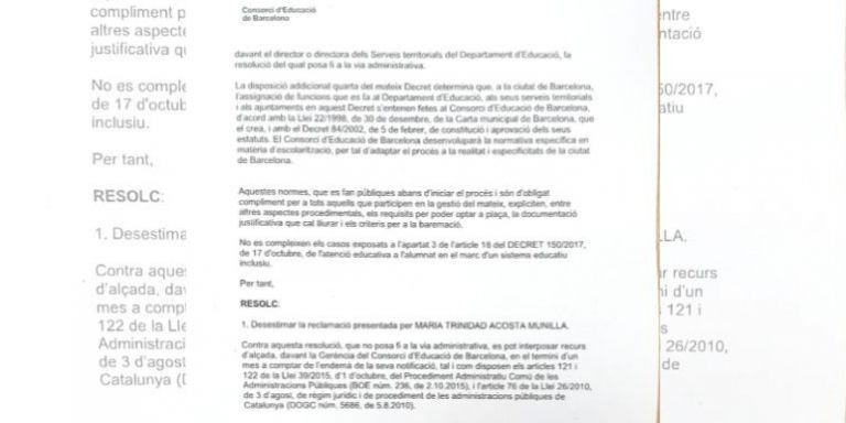 Documento del Consorci d'Educació en el que desestiman el recurso de Maria Trinidad / CEDIDA