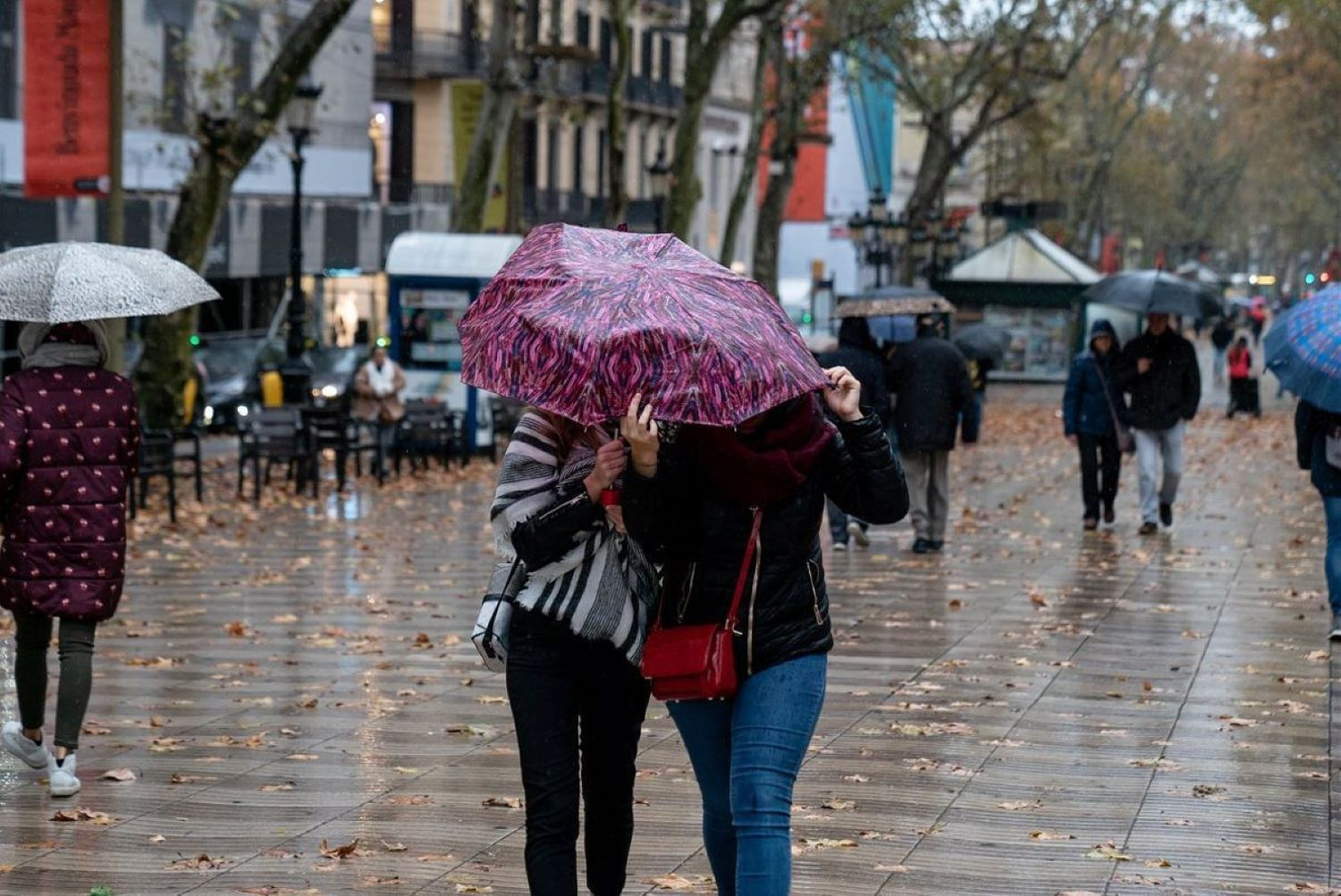 Dos viandantes se protegen de la lluvia en la Rambla de Barcelona / AJ BCN