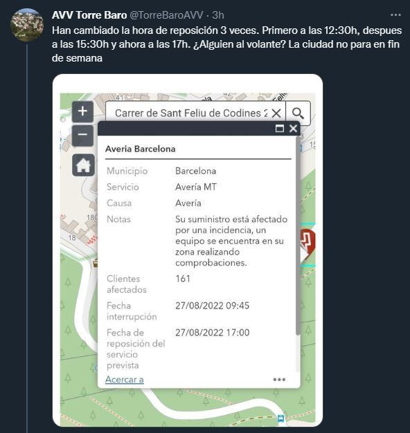 Tuit de la Asociación de Vecinos de Torre Baró sobre el corte de luz / TWITTER